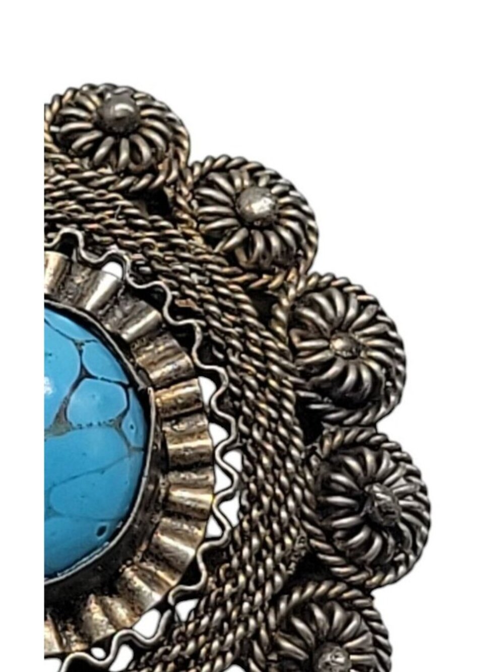 Faux Turquoise Silver Plated Brooch Pendant Blue Glass Filigree Setting Vintage - Picture 10 of 16